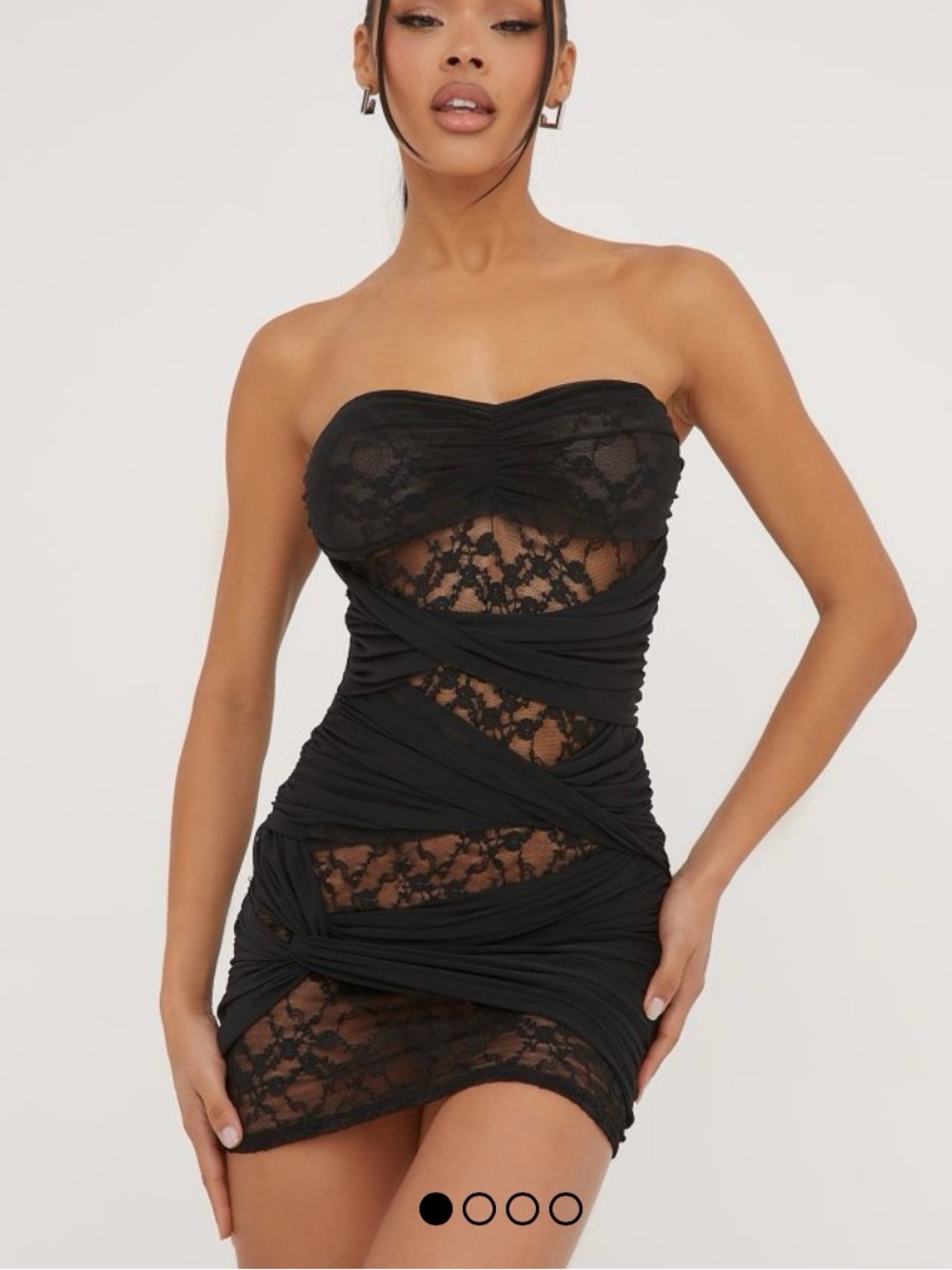 EGO Black Strapless Lace Ruched Mini Dress
